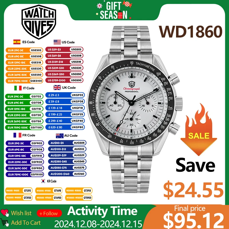 Watchdives WD1860 40mm Dive Watch VK63 Chronograph Quartz Movement Sapphire Luminous 10Bar Waterproof Stainless Steel Watches