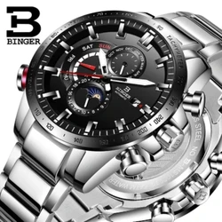 Genuine Luxury BINGER Brand Mens Watches Automatic Mechanical Luminous Full Steel Waterproof Running Calendar Male Moon Phase