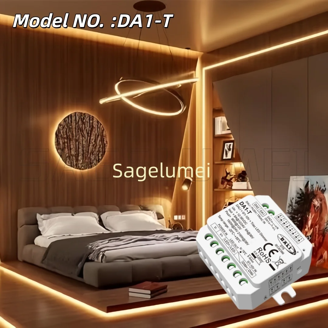 

DA1-T (DT6) 12-36VDC 1CH*8A DALI + 0/1-10V Triac Dimmer with Push Switch Dimming for 5050 2835 COB Single Color LED Strip Light
