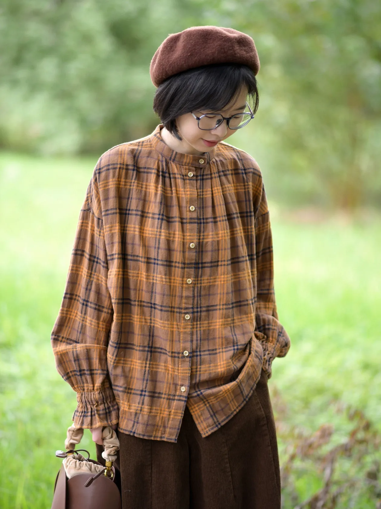 

Weiyang Forest Plaid irt Briti Loose Basic Sle Faded Elastic Cuff Long Sve Cotton Women's Sweet Sle Breathable irt