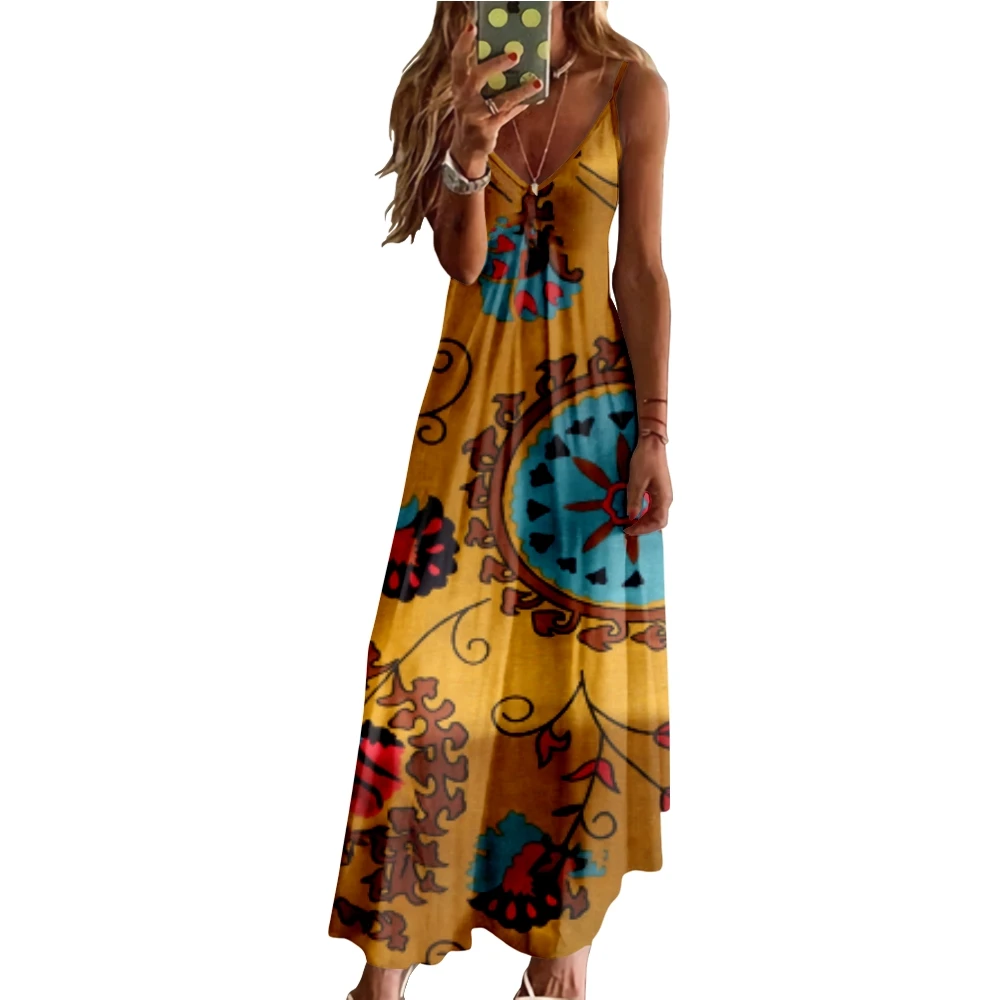 

Spring Summer Women V-Neck Paisley Splicing Printed Sexy Beach Long Maxi Dress Split Sleeveless Clothing Holiday Vestido