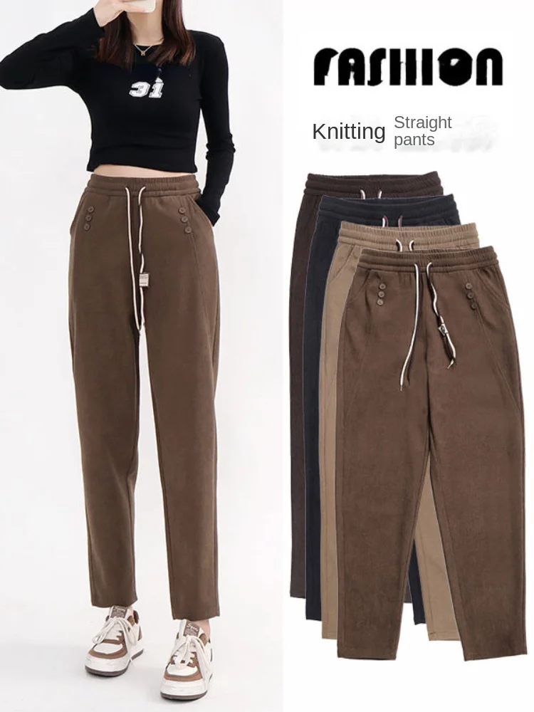 

High Waisted Corduroy Haren Pants For Women Autumn Winter 2023 New Slim Straight Leg Pants Korean Women Casual Nine Pants