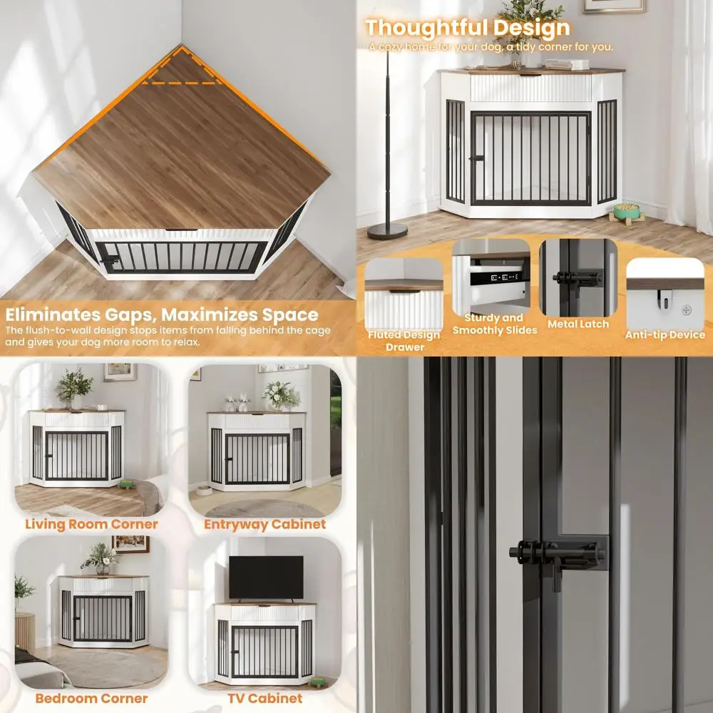 

Indoor Wooden Dog Crate with Latched Door Storage and Space-Saving End Table Design (White)