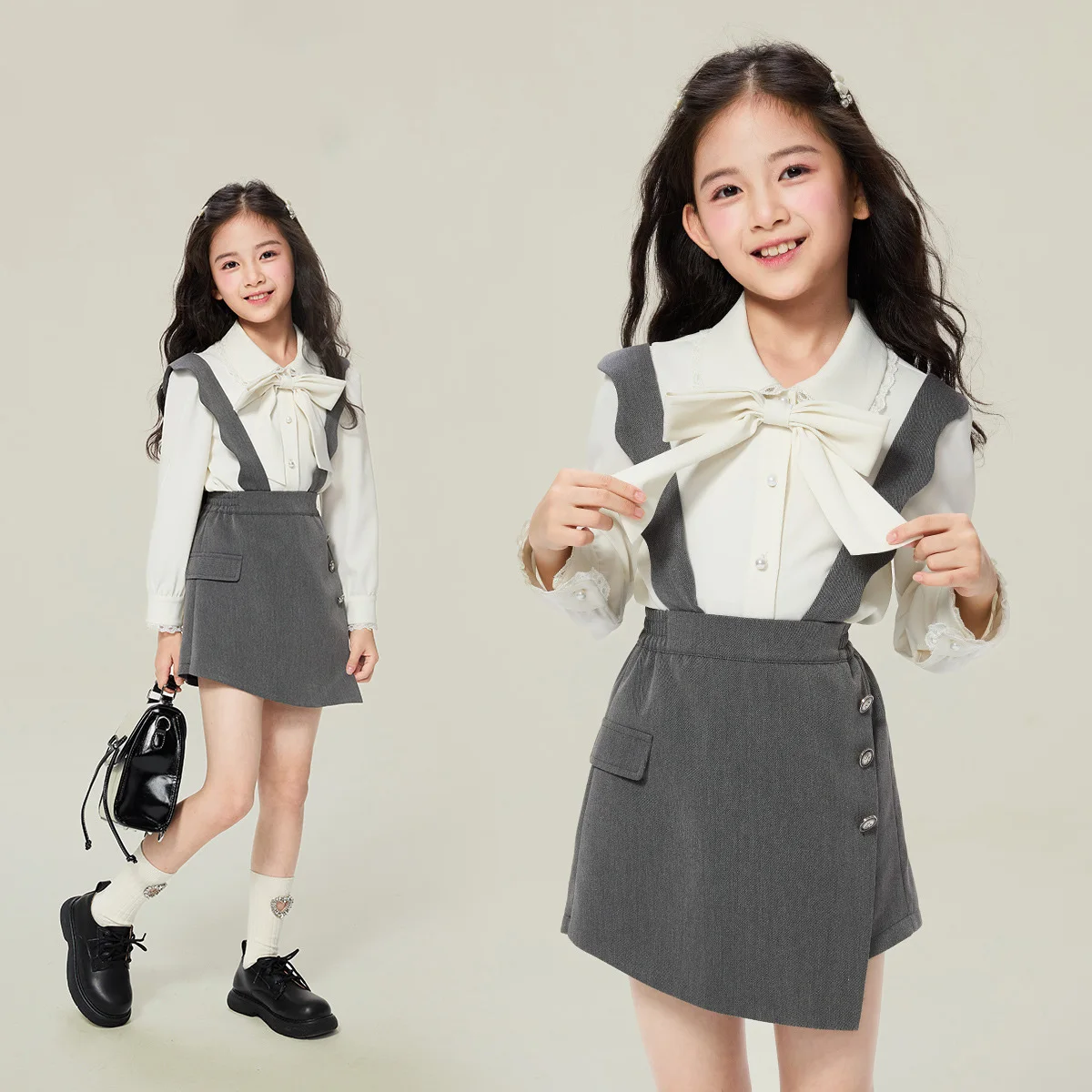 

Autumn Kids Girls Dress Sets Bowknot Turn Down Collar Shirt+Button Solid Skirt Baby Girls Sets Long Sleeves Children Girls Sets
