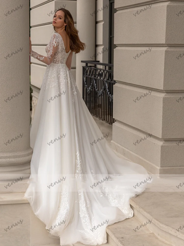 Vestidos De Novia Vintage con abertura alta, trajes De Novia con apliques De encaje, línea A, mangas completas para fiesta Formal