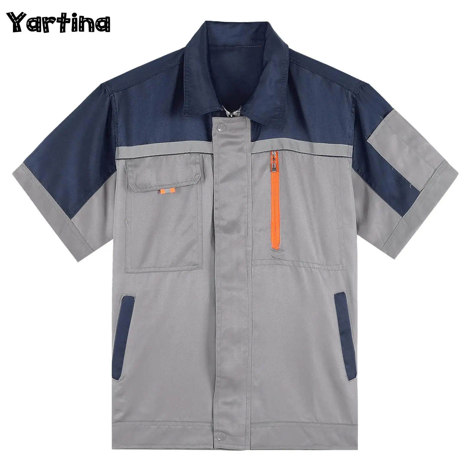 Mens Factory Workshop Labor Work Uniform Jacket Tops with Pockets Short Sleeve High Visibility Zipper Outerwear Shirt Tops