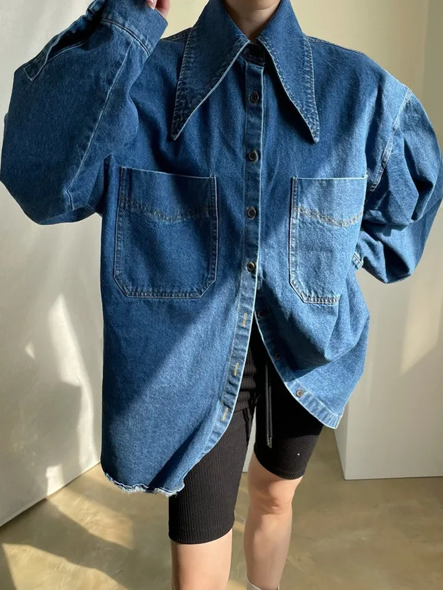 

Свободный женский джинсовый топ с острым воротником в стиле ретро и утягивающим повседневным хлопковым длинным светом Верхняя одежда Faionable Vers...