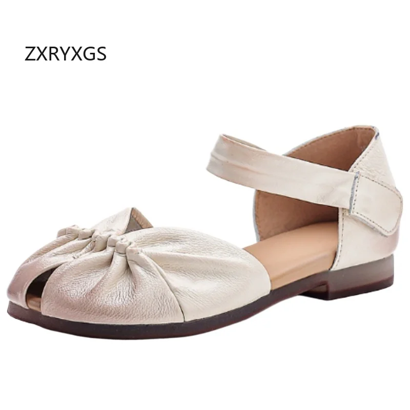 zxryxgs-2026-top-cowhide-fold-women-fashion-sandals-summer-fish-mouth-genuine-leather-sandals-flat-soft-women's-banquet-sandals