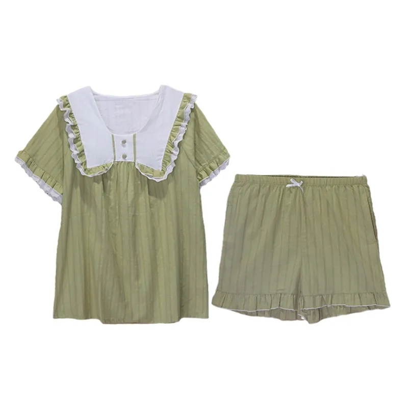 Washed Cotton Summer Sweet Bow Peter Pan Collar Pajamas Short Sleeve Shorts Two-piece Set 2025 Girl Loose Ruffles Loungewear