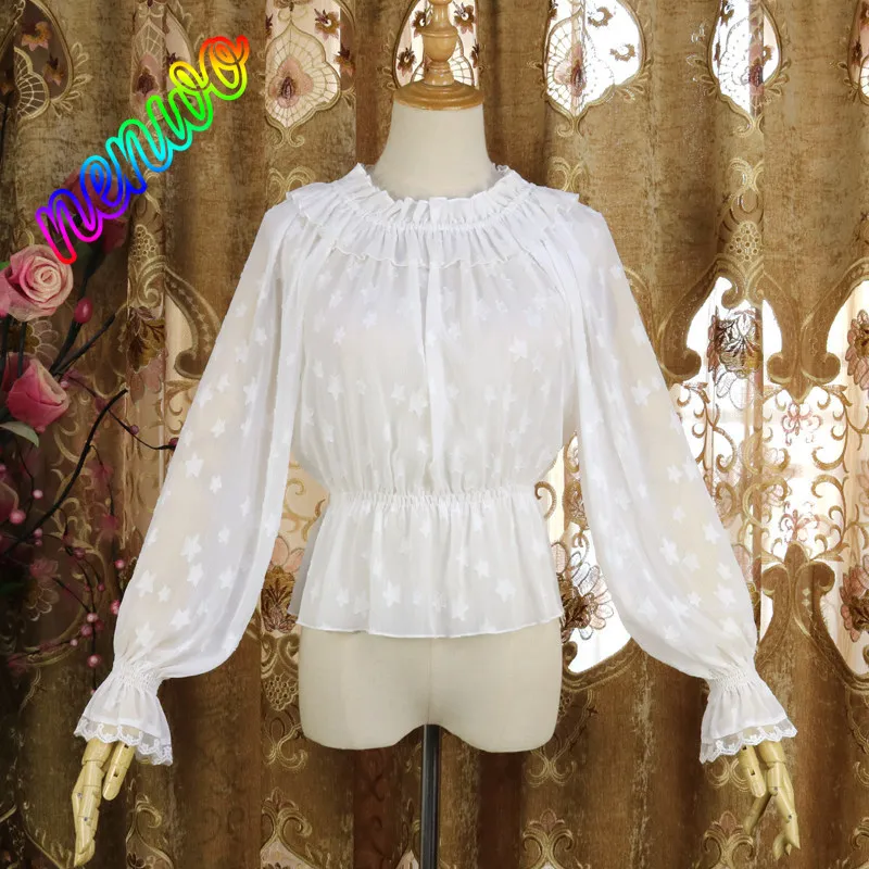 

Оригинальный топ с короткими рукавами в стиле Лолита, жаккардовый, с звездами, модная однотонная шифоновая полупрозрачная блузка с длинными рукавами