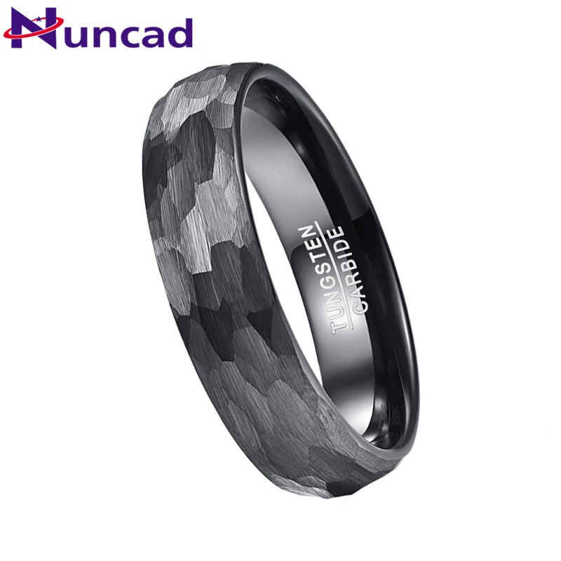 NUNCAD 6mm Black Tungsten Wedding Band for Men Women Multi-Faceted Hammered Brushed Finish Rings Comfort Fit Gift