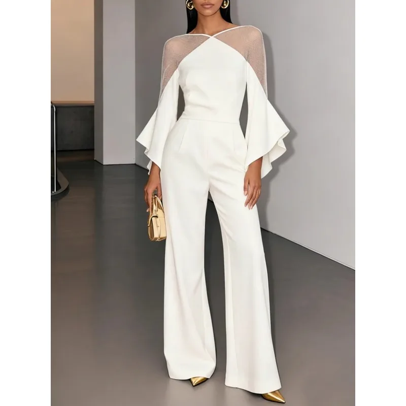 T Sigur Wit Tweedelige sets Mesh Patchwork Flare Sleeve Tops Wijde pijpen Hoge taille Lange broek Nieuw in bijpassende sets 197362