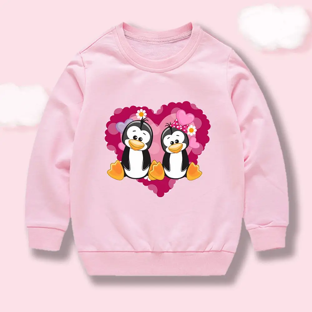 Mädchen-Sweatshirt mit süßem Pinguin-Herz-Motiv, Rundhalsausschnitt, lange Ärmel, Pullover, Kinder-Frühlings-Freizeitoberteil, Größe 110–160
