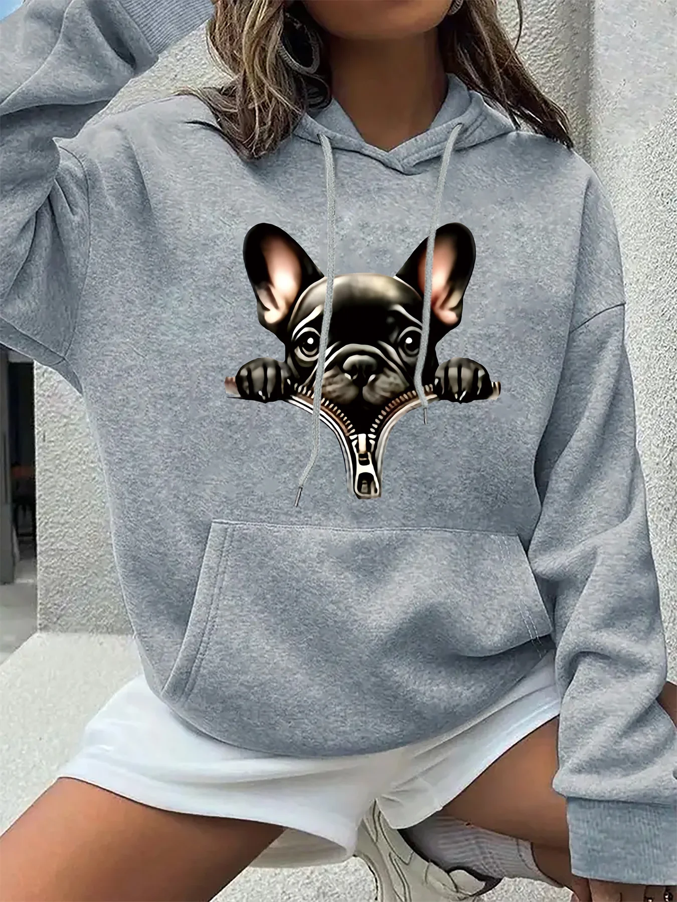 

Женская осенне-зимняя свободная повседневная удобная молния с принтом собаки плюс бархатная толстовка с длинными рукавами и капюшоном