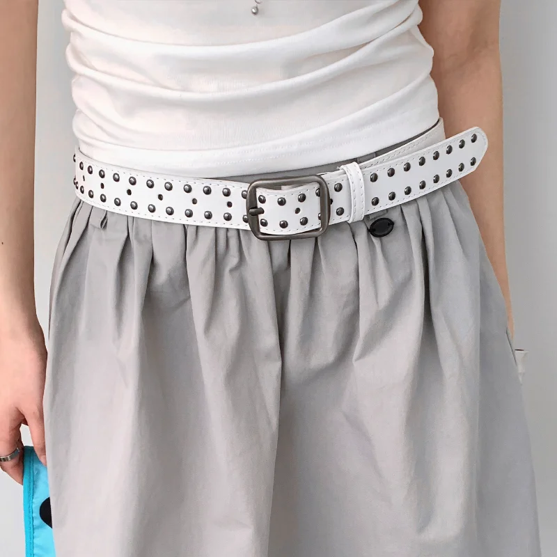 

Women's White Studded Belt Vintage Punk Rock Openwork Belt With Rectangular Buckle Perfect For Pairing With Jeans And Dresse