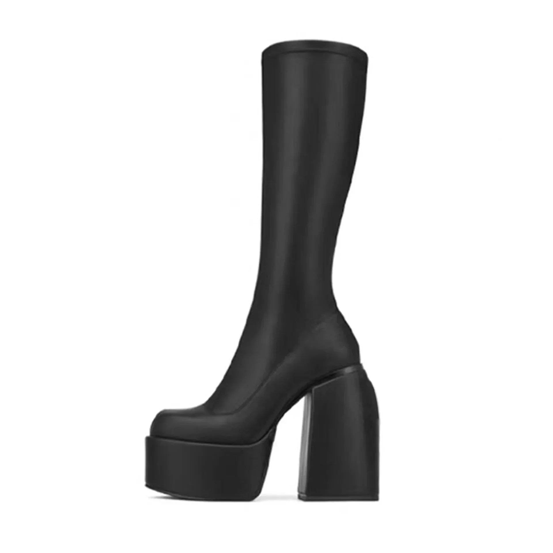 Boots Bratz Woman No Zipper High Heel Platform Chunky Mid Calf Elastic Punk Style Designer Dupes 14cm Heel Height Pull on Boots