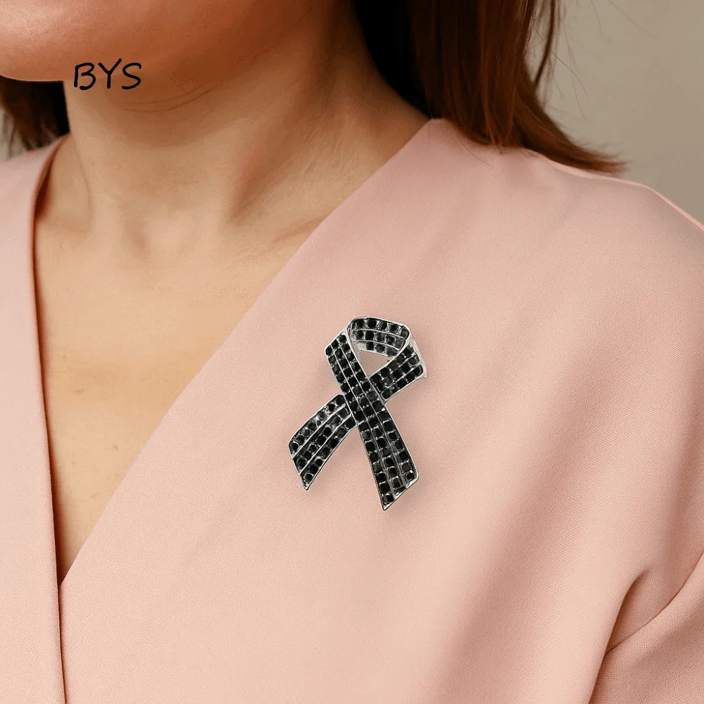 Rhinestone Crystal Black Ribbon Pin Awareness Skin Cancer Funerals Memorial Pin Breast Cancer Vintage Black Bow Brooch Pin