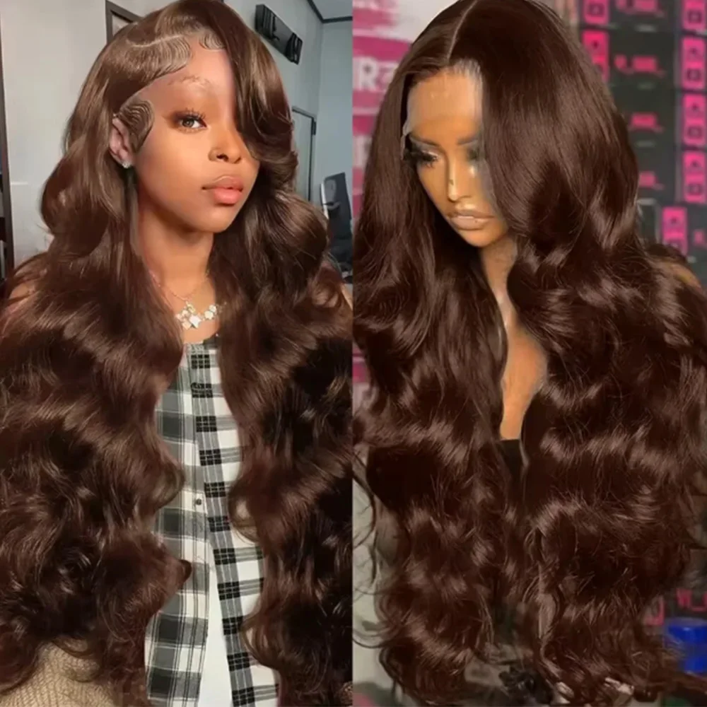 

#4 Chocolate Brown Body Wave Lace Front Human Hair Wig 220 Density Brazilian 13x4 13x6 HD Lace Frontal Wigs Preplucked for Women