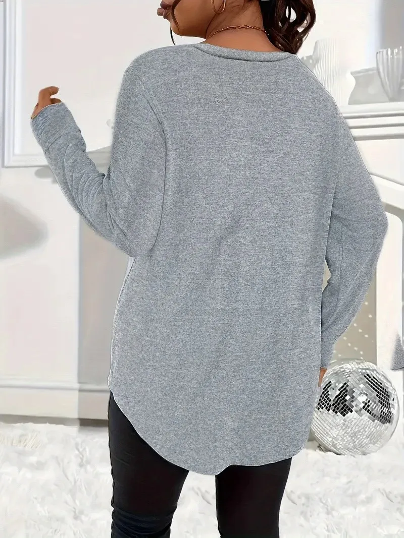 بلوزة نسائية أنيقة للخريف والشتاء بمقاس كبير بأكمام طويلة مع رقبة على شكل حرف V للتنقل، فضفاضة ومريحة