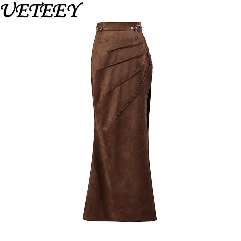 กระโปรงยาวทรงเอวสูงสไตล์ยุโรปและอเมริกา แฟชั่นสตรีท แต่งผ่าข้าง จีบระบาย ดีไซน์ผูกเชือก รุ่นใหม่ประจำฤดูร้อนปี 2025 กระโปรงมิดิทรงสวยเก๋