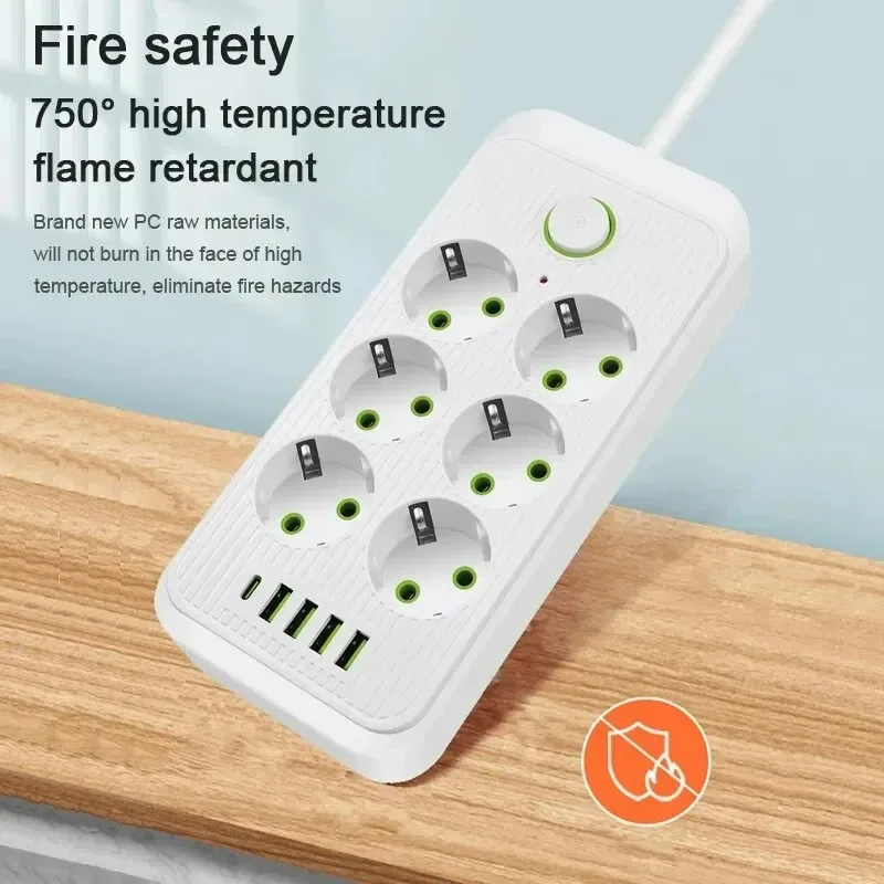 Multi Port EU Plug AC Outlet 6/8 EU Holes 4USB Type C Ports Smart  Surge Protection Electrical Socket Phone Charging Adapter