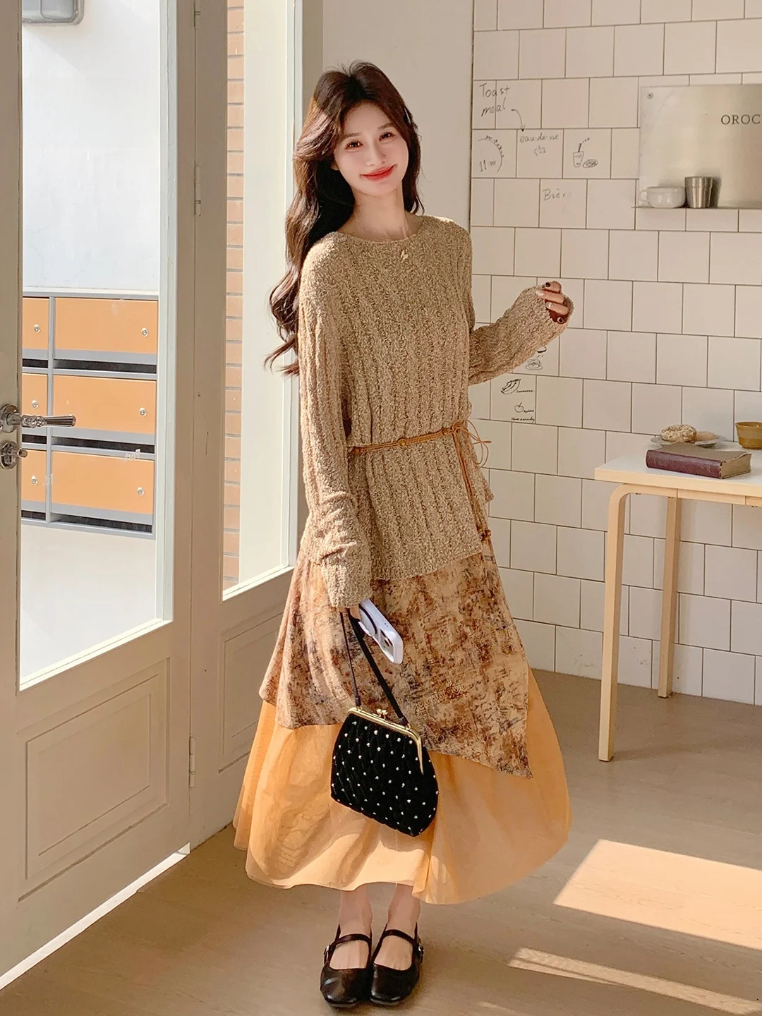 

Elegant Floral Print Knitted Dress And Cover up Set Women's Fashion Spring Autumn Two Piece Suite High Waist round Neck Long ...