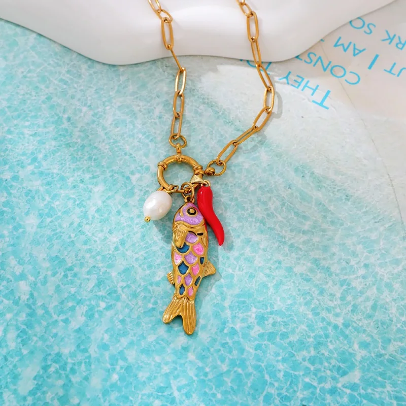 Titanium and Steel Enamel Koi Fish, Chilli and Pearl Pendant Necklace with Wheel Clasp