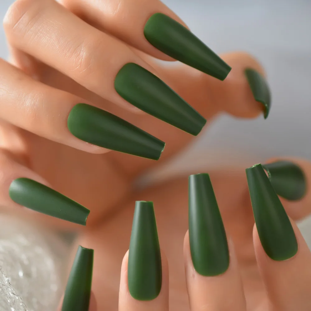 24 pçs/set dicas de unhas falsas fosco cobertura completa super longo ballet unhas falsas verde oliva ferramentas manicure francesa 1 folha cola adesivo