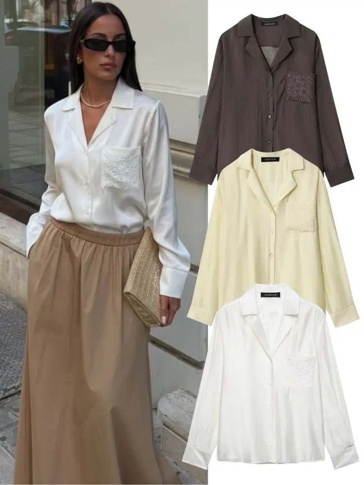 HH أزياء المرأة جيب مطرزة مزين قميص الربيع الصيف عارضة طويلة الأكمام فضفاضة بلون عطلة البلوزات