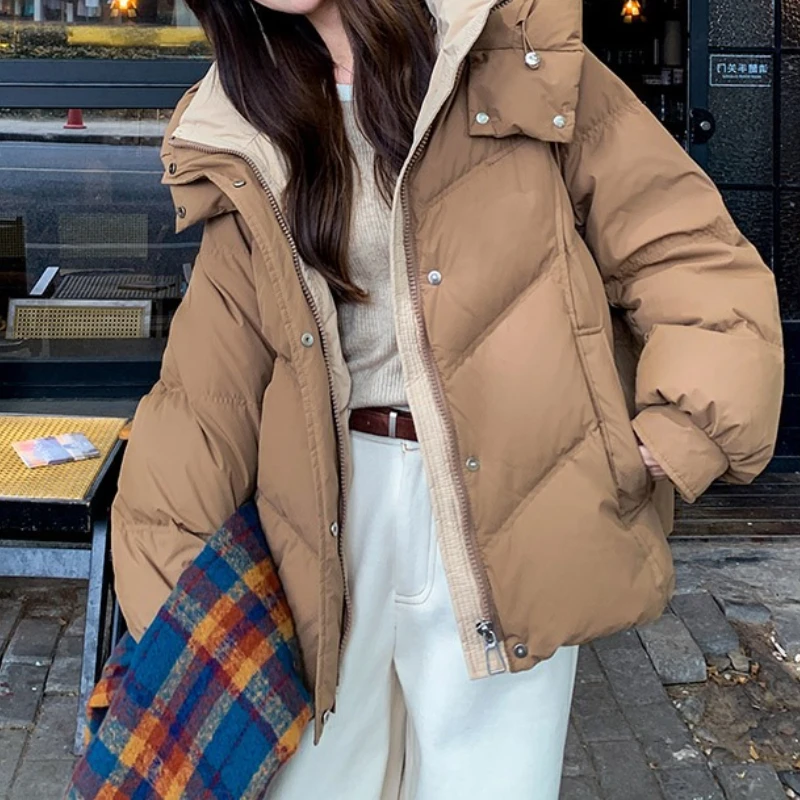 

Down and Cotton Jacket Women's Winter New Short Fashionable Loose Hooded Color Blocked Thick Coat