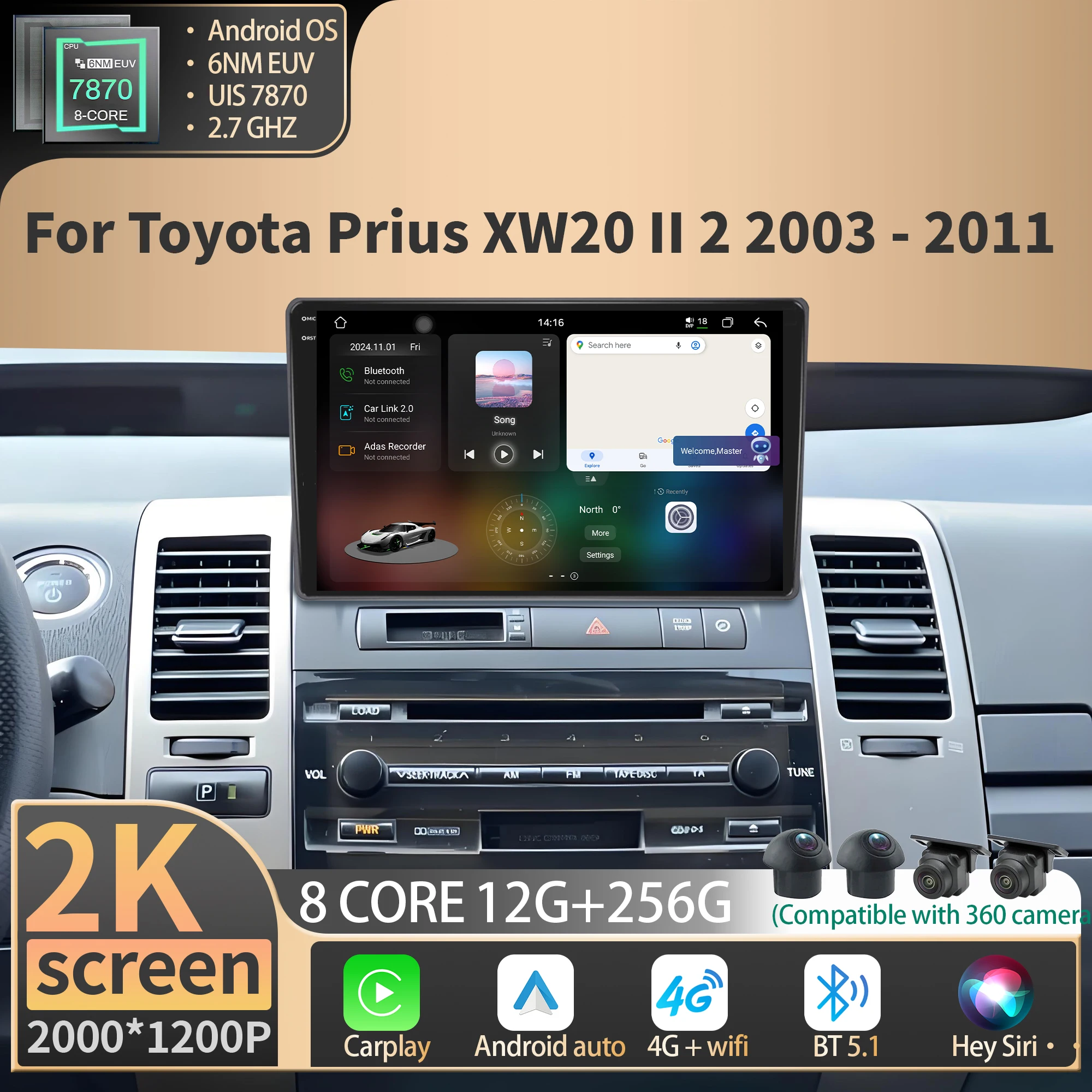 

Car Radio Multimedia For Toyota Prius XW20 II 2 2003-2011 Android Wireless Bluetooth Carplay 4G GPS CPU 7870 2K QLED Screen