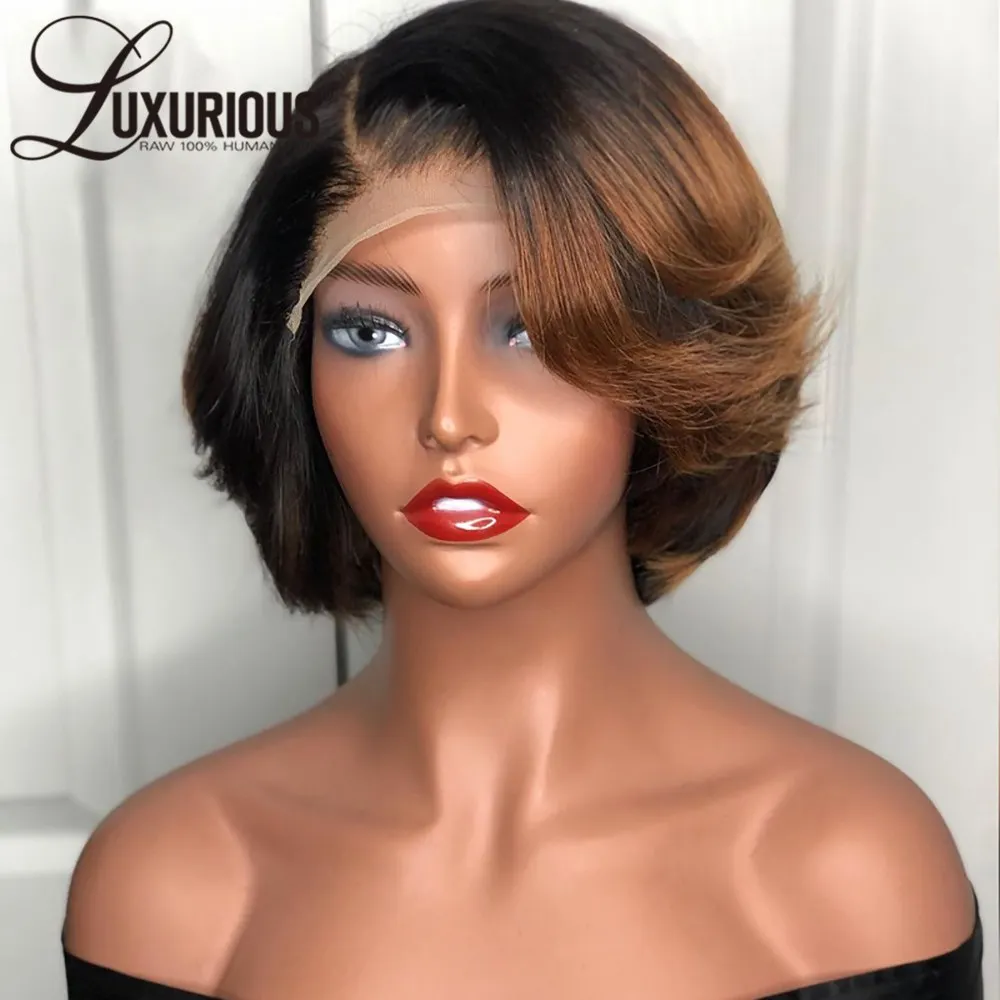 Mel Loira Glueless Lace Frente Bob Peruca, Pré-arrancado Cabelo Humano, Pronto para Vestir, Ombre Colorido, Corte Pixie Curto, Fechamento Perucas, 13x4