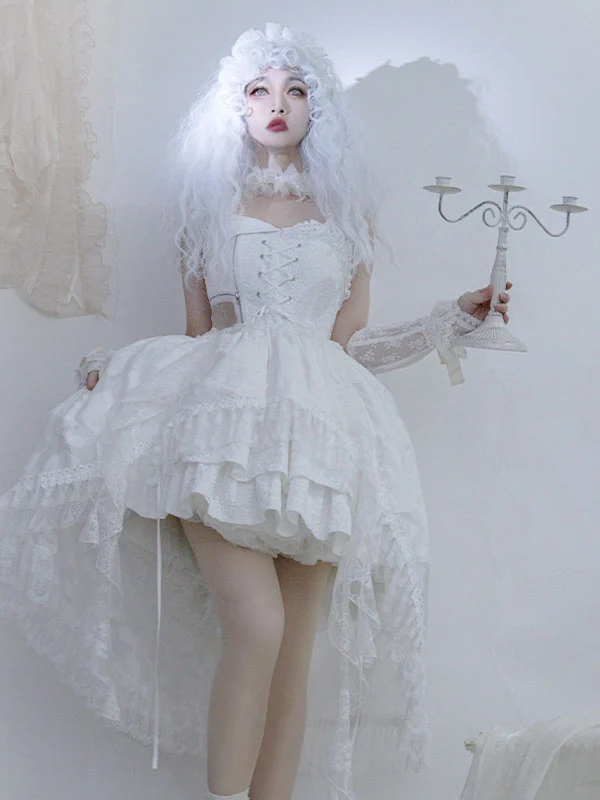 

Gothic Lolita Dresses Jacquard Lace up Ruffles Sleeveless White Lolita Wedding Dress By With PUJI