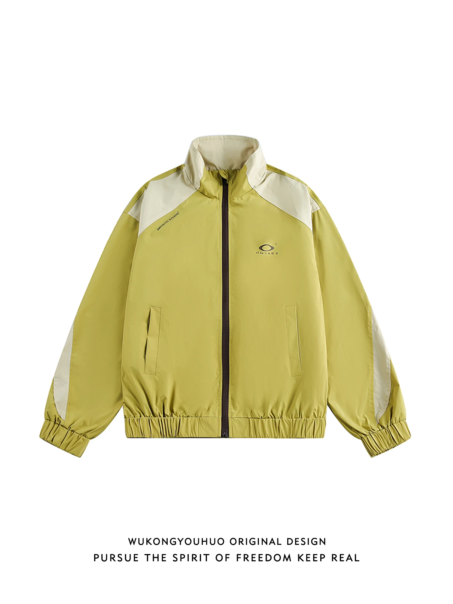 

Trendy American Color Blo Stand Collar Jaet Loose Casual ex Spring Outerwear Polyester Fiber Long Sve Zipper Closure