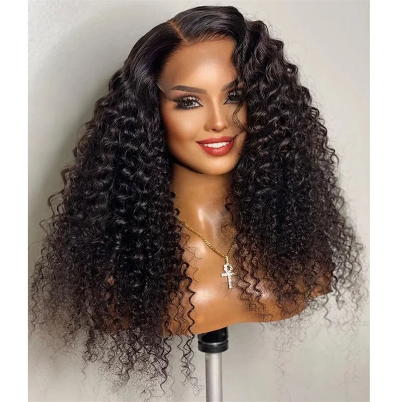 Soft Long 26\'\' 180Density Natural Black Kinky Curly Glueless Lace Front Wig For Women BabyHair Preplucked Heat Resistant Daily