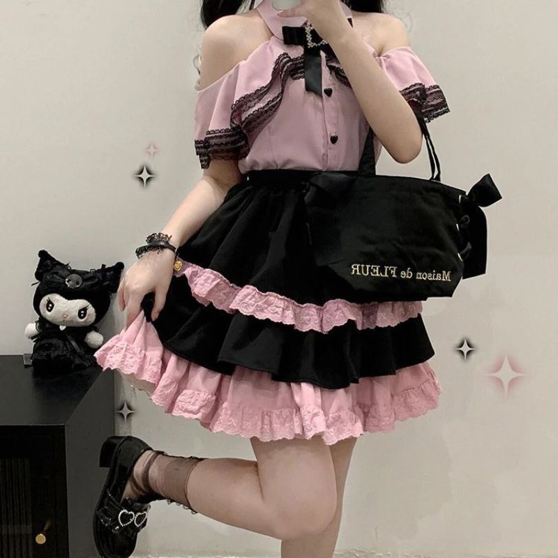 

NONSAR Japanese Lolita Sweet Kawaii Mini Cake Skirts Women Pink Ruffles Elegant High Waist Aesthetic Gothic Y2k Skirt Faldas