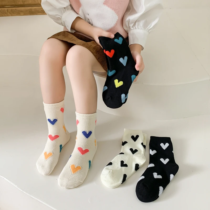 4 Pairs Children\'s Socks Autumn Winter Kawaii Cute Loving Boys Girls Tube Socks Warm Cotton Student Sports Socks For 3-12 Years