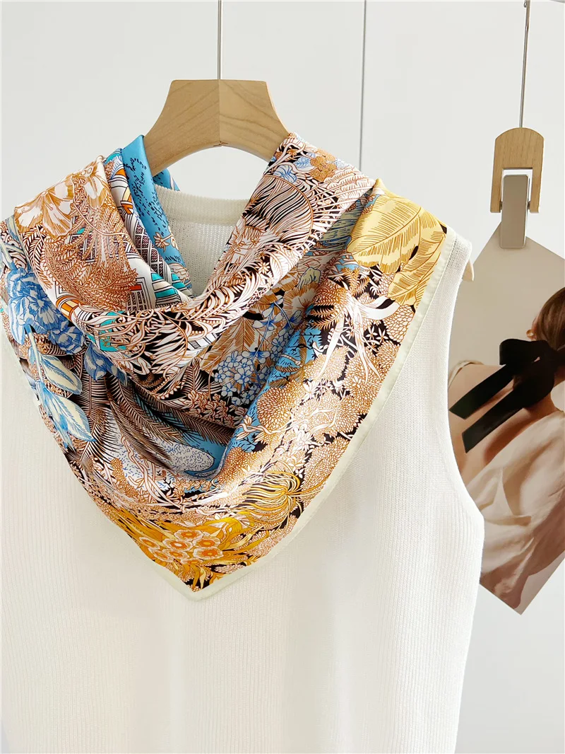 Elegant Camellia Flower Silk Scarf for Women in Spring and Autumn Fashion Versatile 90 Element Crepe Satin Square Scarf