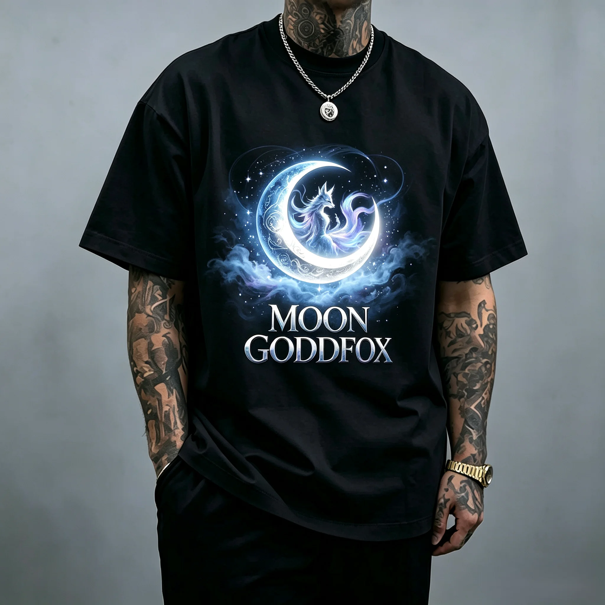 Unisex Moon Goddfox Graphic T Shirt Men Women Fantasy Nine-tailed Fox Crescent Moon Print Oversized Crew Neck Short Sleeve Tee Dark Aesthetic Streetwear Cotton Top