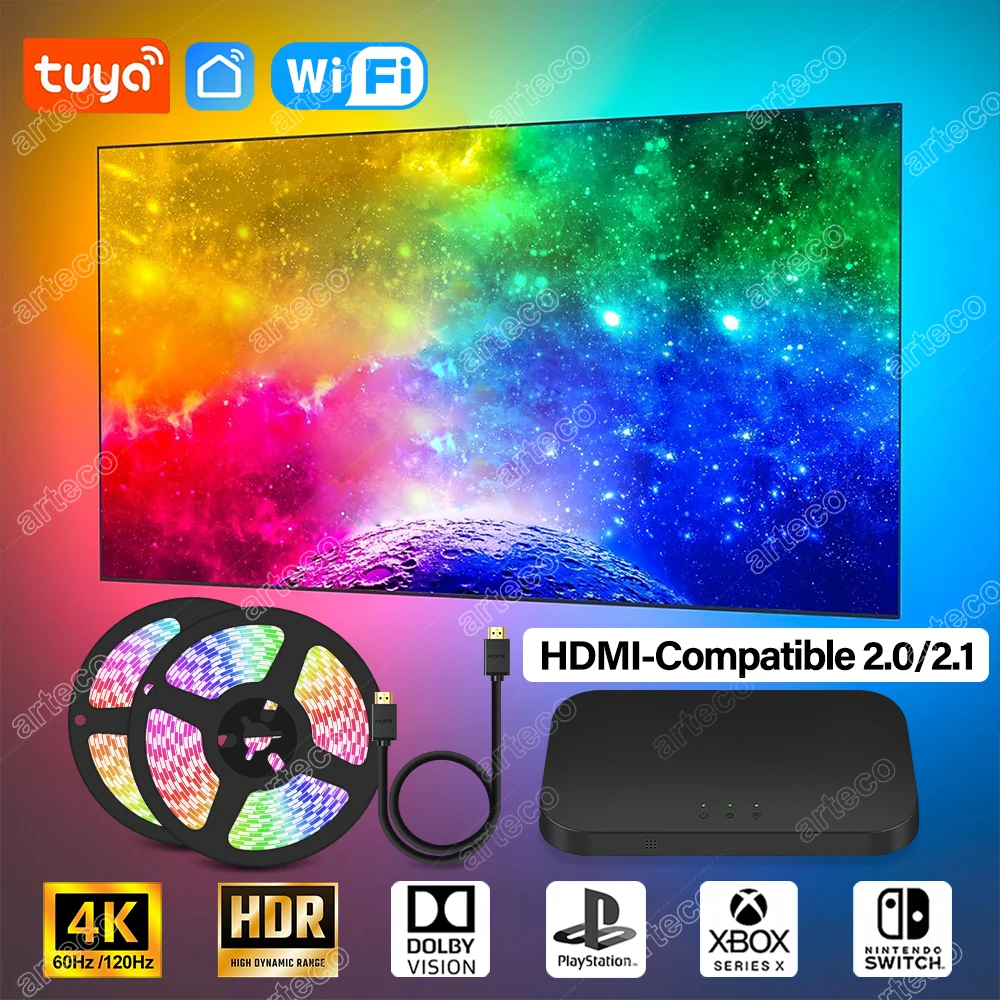 Smart Ambient TV Led Backlight For 4K HDMI-Compatible 2.0 2.1 Device Sync Box Led Strip Lights Kit Tuya WiFi Alexa Voice Control