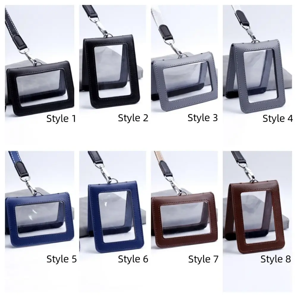 Double-Sided Leather Card Cover With Neck Strap Badge Clip ID Card Holder Card Case Folding Leather Badge Holder Work Bank Card