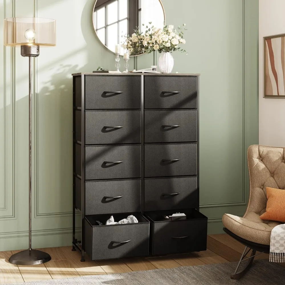 

10-Drawer Dresser, Fabric Storage Tower,Tall Chest Organizer Textured Print Fabric Bins,Wood Top,Charcoal Black Vanity Desk