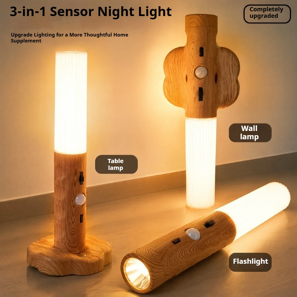 LED Motion Sensor Wall Light Rechargeable Wood Grain Night Lamp for Hallway Bedroom Closet Staircase and Interior Decoration