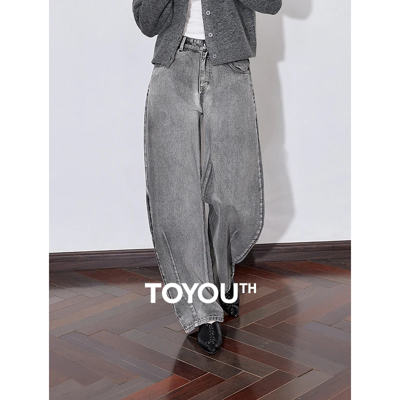 TOYOUTH Women Denim Jeans 2025 Spring New Wasteland Style Mid Waist Straight Washed Wide Leg Floor Long Trouser