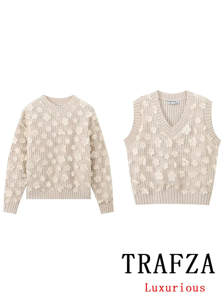 TRAFZA Vintage Casual Chic Women Sweater Solid O-Neck Flower Knitted Loose Sweater Fashion 2024 Autumn Holiday Female Sweater