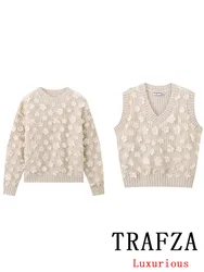 TRAFZA Vintage Casual Chic Women Sweater Solid O-Neck Flower Knitted Loose Sweater Fashion 2024 Autumn Holiday Female Sweater