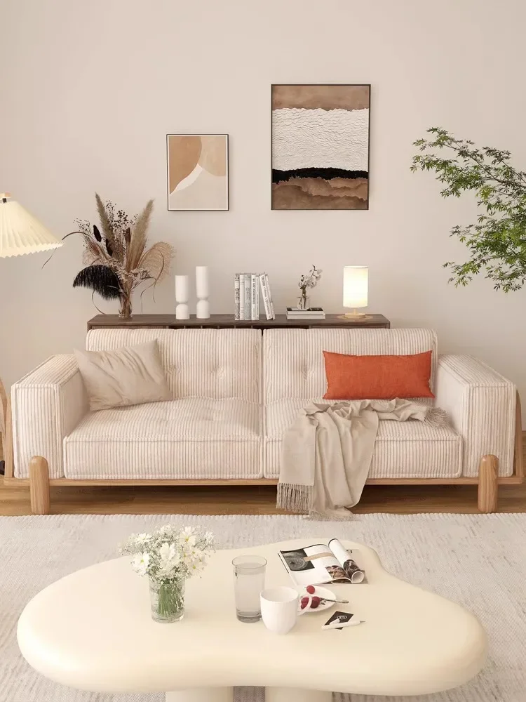 Solid wood fabric sofa simple modern small apartment living room log wind cream corduroy