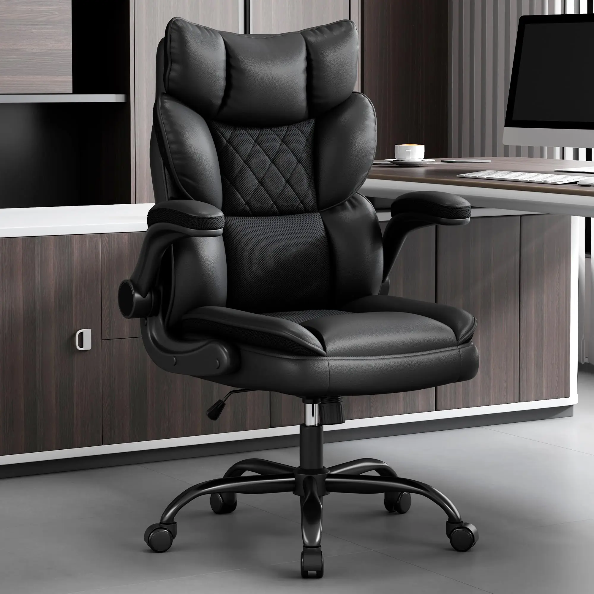 Office Chair, Desk Chair with Flip-up Armrests, Gaming Chair with Double-Layered Soft Backrest,PU Leather Computer