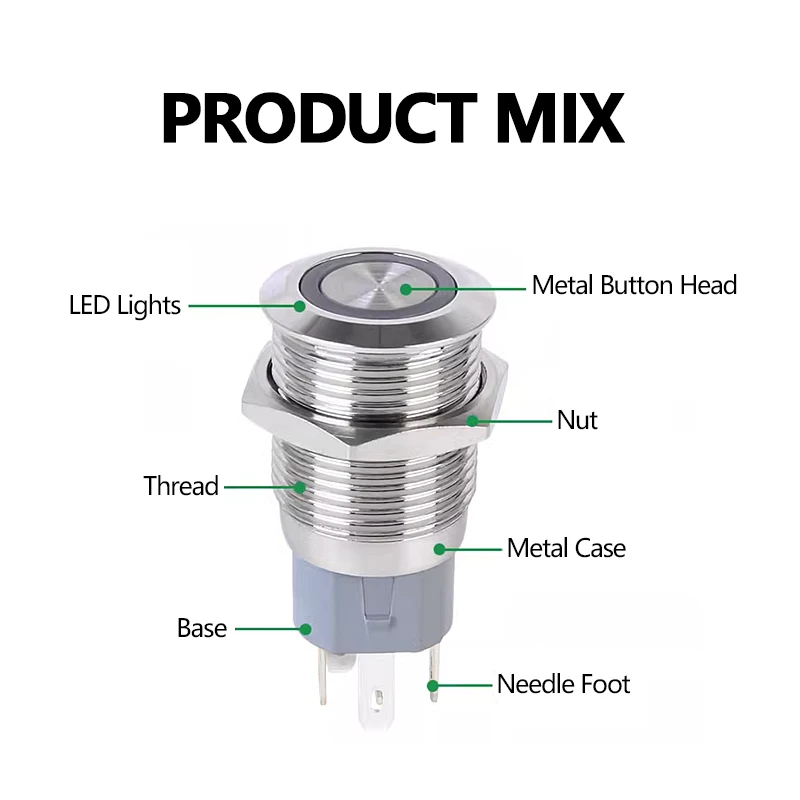 16/19/22mm Waterproof Metal Push Button Switch 220v led light Momentary self-Latching reset Power Switch 5V12V Red Blue ip65
