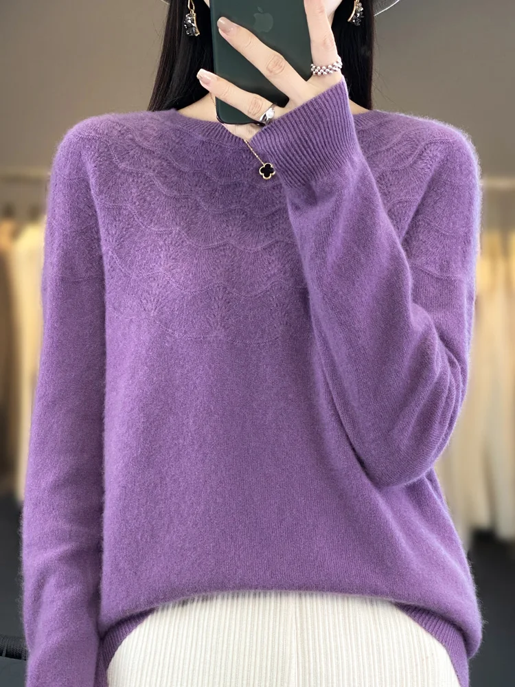 Women’s O-neck Sweater Pullovers Autumn Winter Hollow Out Cashmere 100% Merino Wool Knitwear Raglan Sleeve Grace Clothing Tops